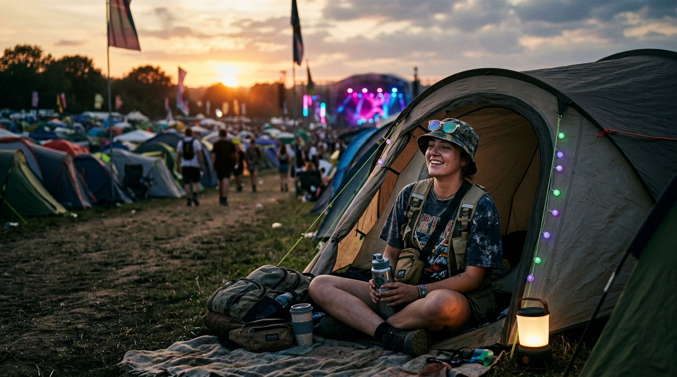 Festival-Camping bei Sonnenuntergang mit Raver und Essentials