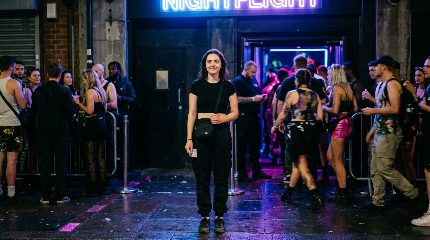 Techno-Einsteiger im schlichten schwarzen Outfit am Club