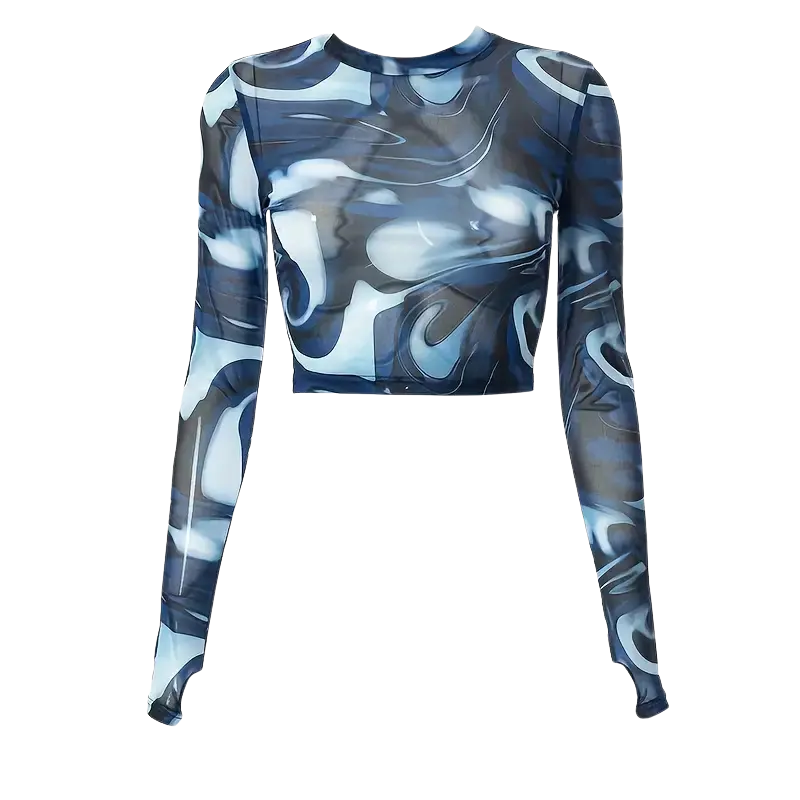 Frontansicht Midnight Waves Mesh Crop Longsleeve, blau-weiß, Rave Mode