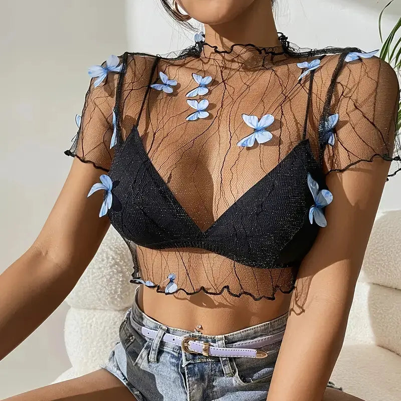 Blue Butterfly Mesh Crop Top