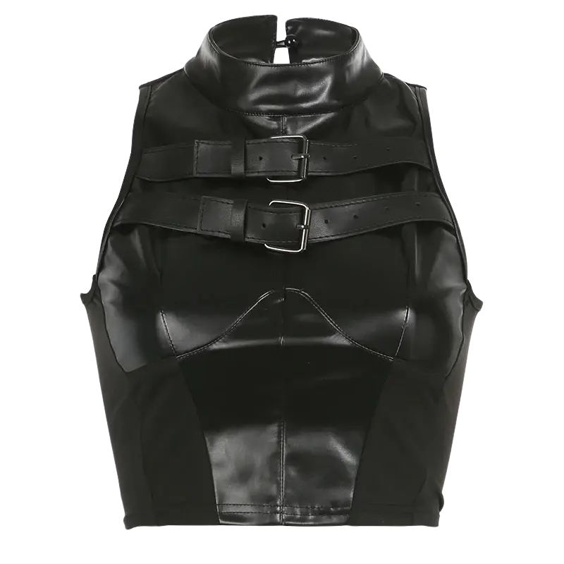 Hardwear Buckle Top, schwarzes Leder, Produktabbildung ohne Model, Techno Rave Fashion