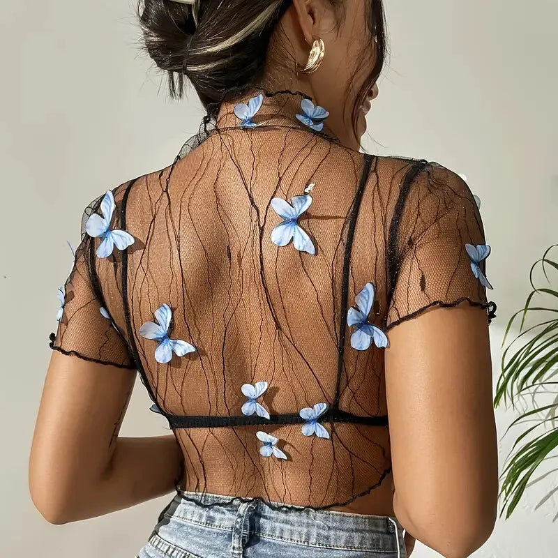 Blue Butterfly Mesh Crop Top