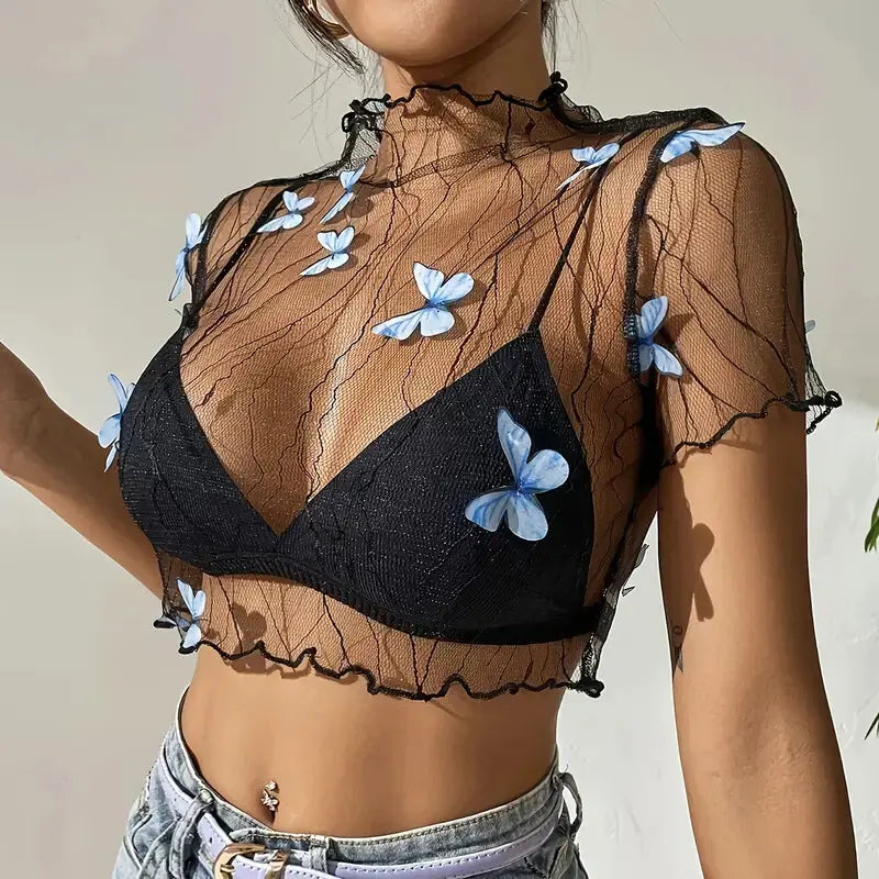 Blue Butterfly Mesh Crop Top