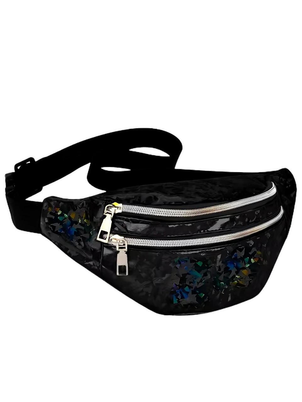 Holographic Techno Bauchtasche – Schwarze Gürteltasche mit Glitzer-Effekt