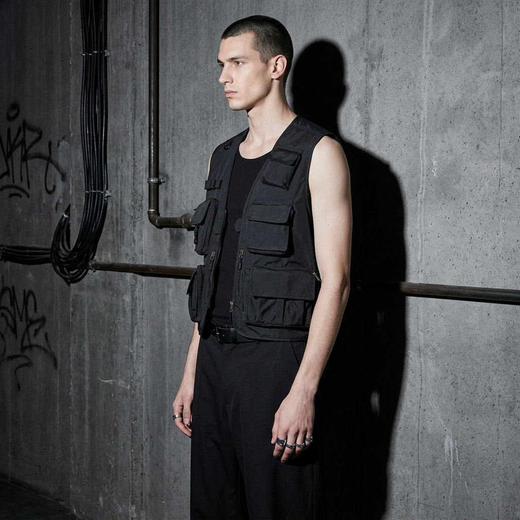 Model seitlich in schwarzer Tactical Utility Weste, Rave Style