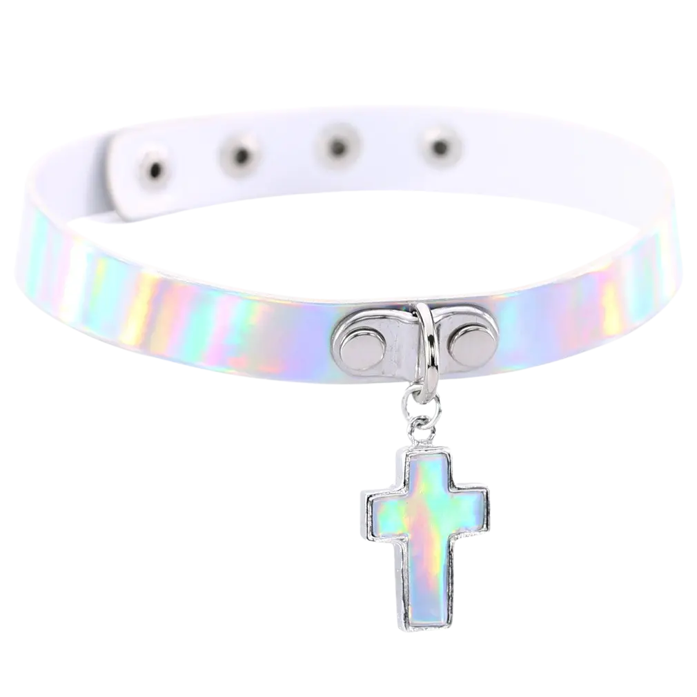 Techno Holo Cross Choker – Glänzender Look für Festival und Rave