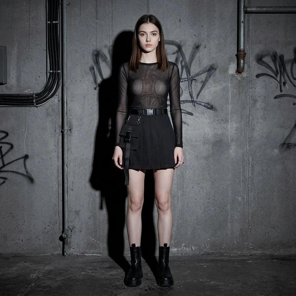 Komplettes Outfit mit BeatWave Mini Rave Rock, Schwarz, Modell in Club-Szene, Rave-Mode