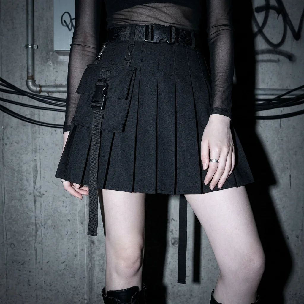Schwarzer BeatWave Mini Rave Rock, seitliche Ansicht, Club-Outfit, techno-inspirierter Stil