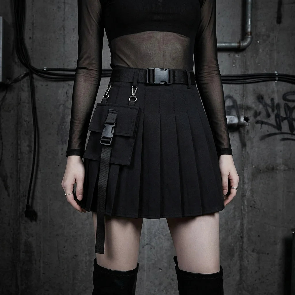 BeatWave Damen Mini Rave Rock, frontal, schwarzer Rock, Festival-Look, techno-inspirierte Mode