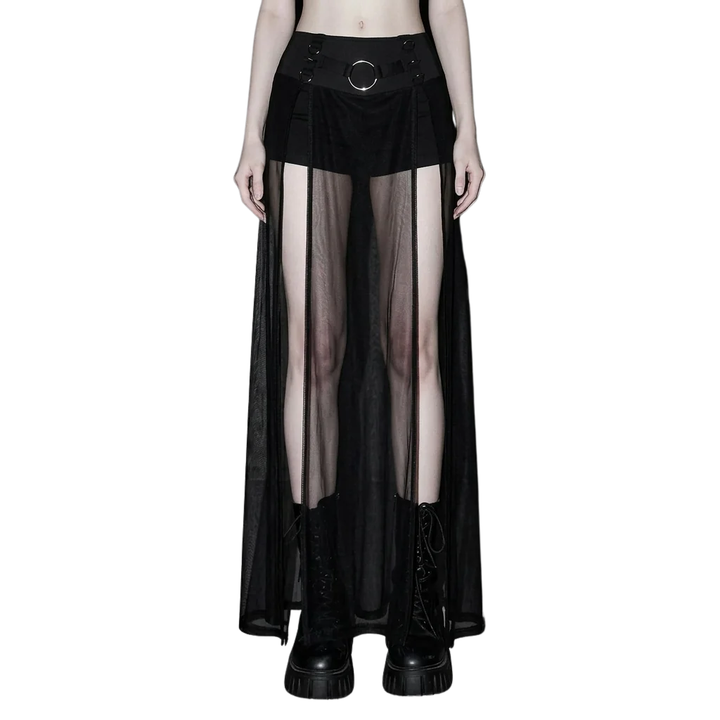 Dusk Mesh Rock in Schwarz, frontal, Techno Festival Look, Model mit Stiefeln