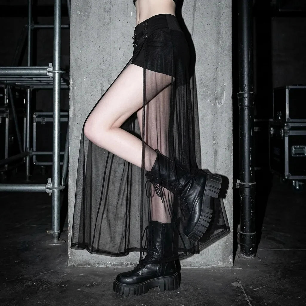 Dusk Mesh Rock seitlich, Model lehnt an Wand, schwarze Stiefel, Rave Style