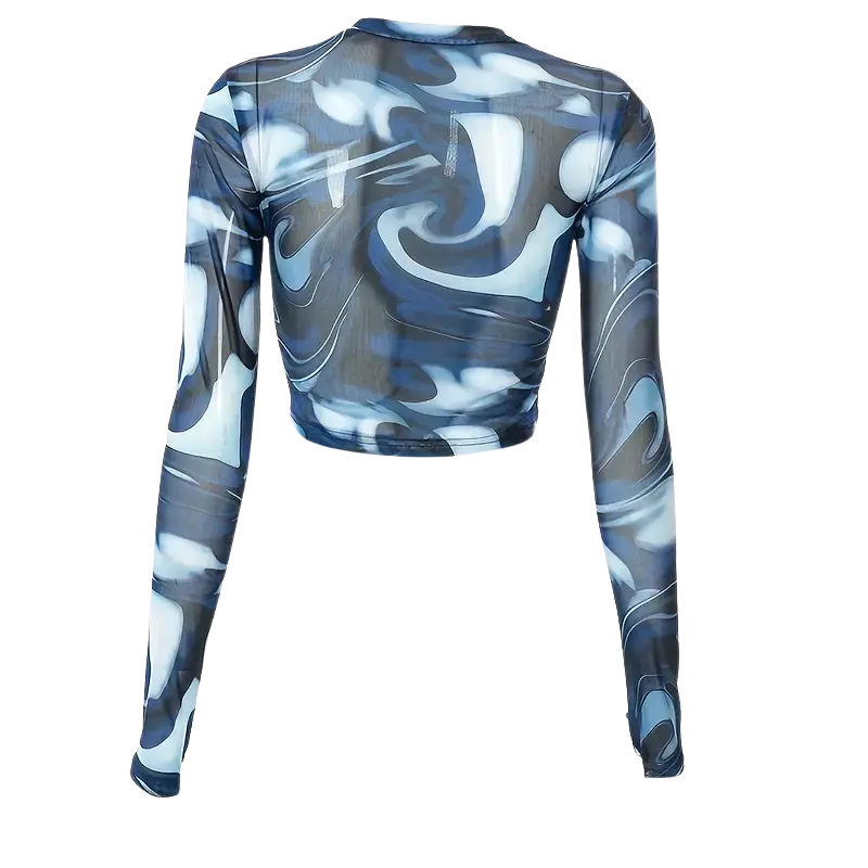Rückansicht Midnight Waves Mesh Crop Longsleeve, blau-weiß, Festival Wear