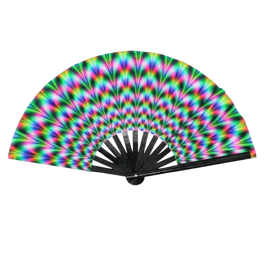 Electric Aura UV XXL Rave-Fächer mit Regenbogenmuster, aufgeklappt