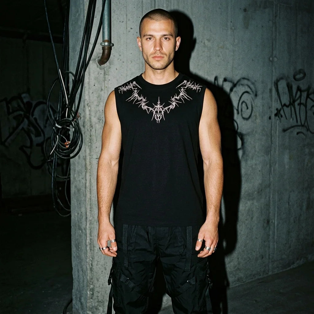 Nightfall Tanktop schwarz, Model in urbaner Umgebung, Rave-Stil