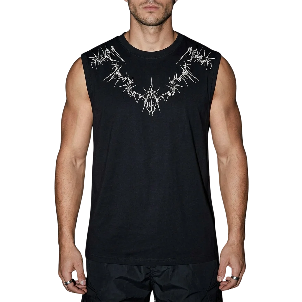 Nightfall Tanktop schwarz, frontal, techno-inspiriertes Design, Model stehend
