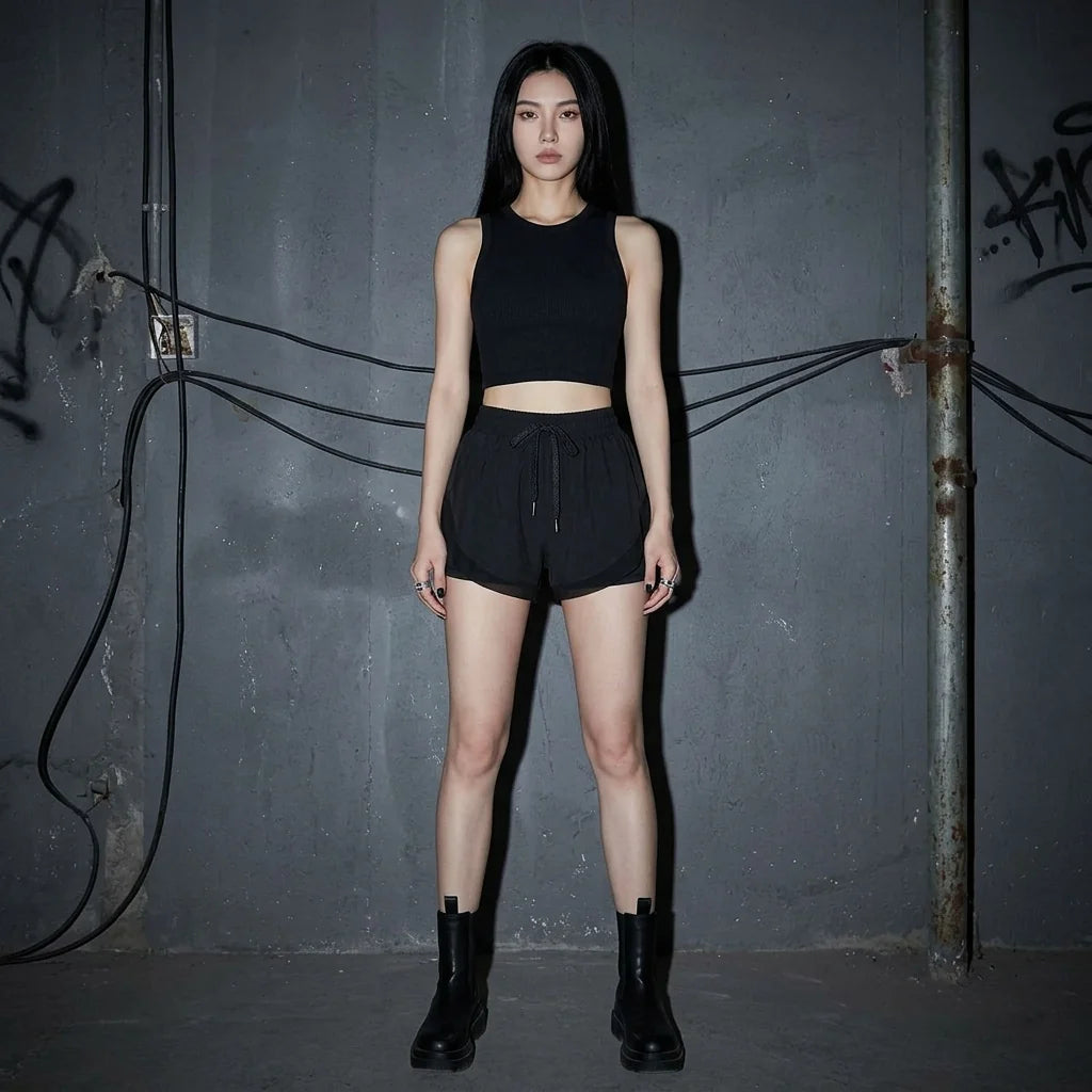 RaveFlex Shorts schwarz, Model frontal, Clubszene, Techno Fashion