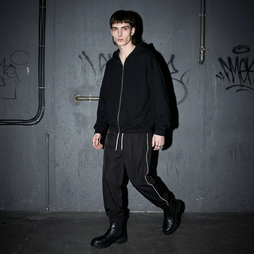 Laufendes Model in Reflective Nightflow Hose, schwarz, perfekt für Rave-Partys.