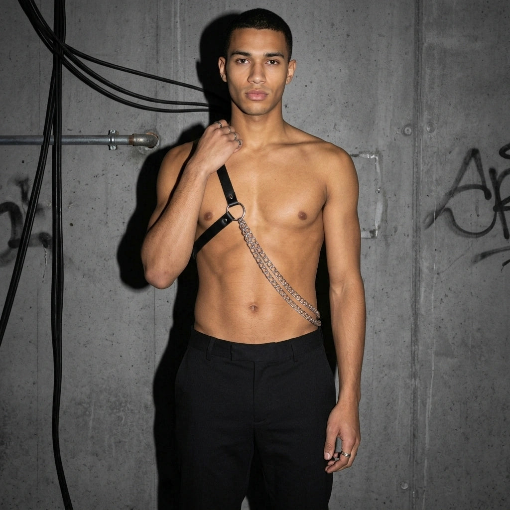 Chain Warrior Harness am Model mit Hand an der Schulter, Vorderansicht