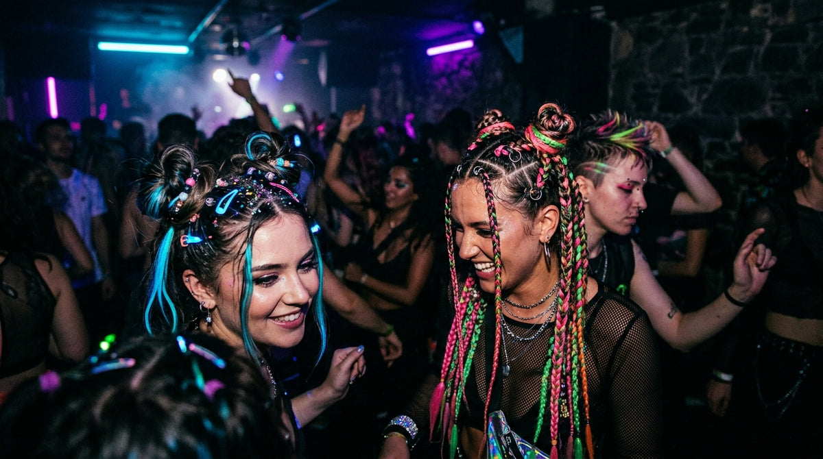 Raver mit coolen Frisuren im Club mit Neonlicht