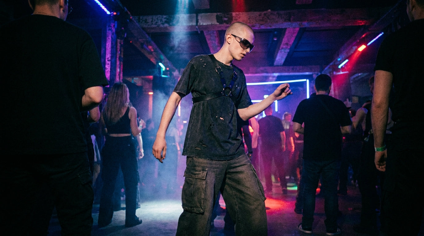 Harness über Shirt kombiniert im Techno-Club