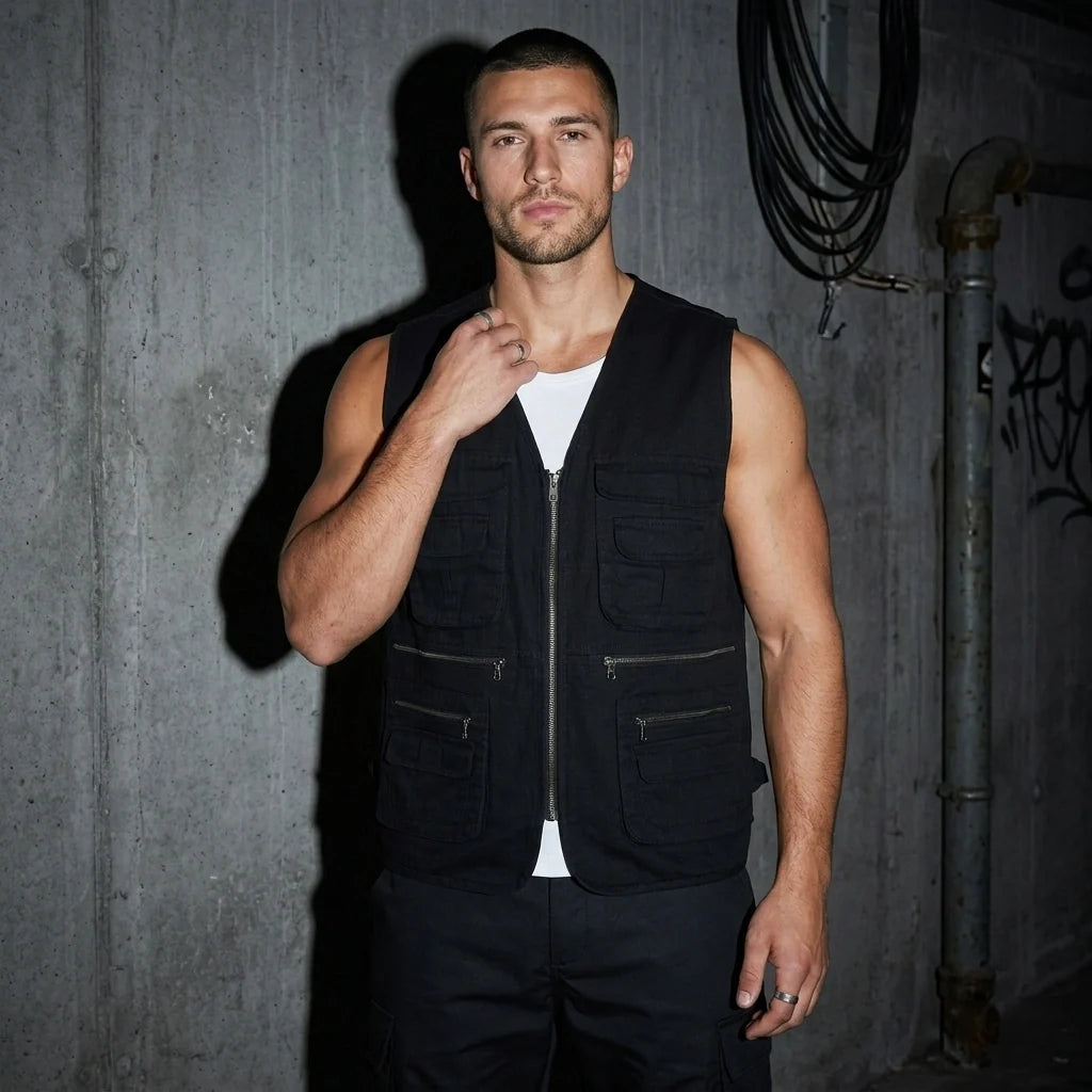 Herren Utility-Weste in Schwarz vor Betonwand