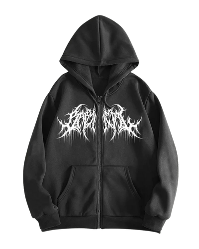 Dunkelgrauer Gothic Rave Unisex Hoodie mit weißem Gothic-Print und Reißverschluss, Vorderansicht