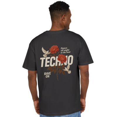 Anthrazitfarbenes Techno Rose Oversize Shirt am Model, Rückansicht