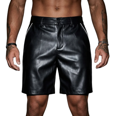 Schwarze Nightshift Shorts mit weißer Paspel, Vorderansicht am Model