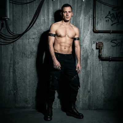 Schwarze Techno Arm Straps zu schwarzer Cargohose, Ganzkörper am Model