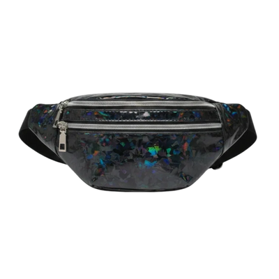 Schwarze Holographic Techno Bauchtasche mit Holo-Splittern, Vorderansicht