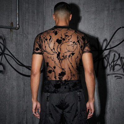 Rückansicht des Shadow Bloom Meshshirts, schwarzes florales Muster, perfekt für Techno-Events.