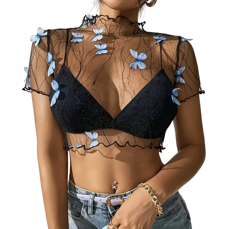 Blue Butterfly Mesh Crop Top