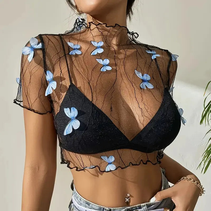 Blue Butterfly Mesh Crop Top