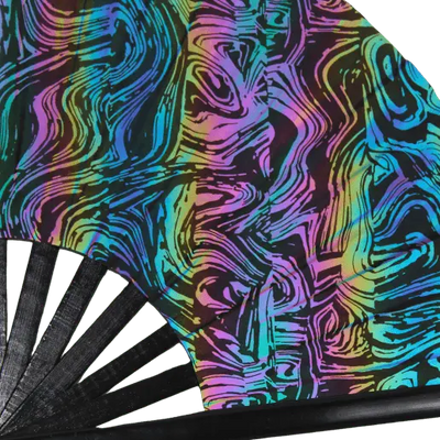 Chromatic Dancewave Rave-Fächer, Detail der Stäbe und des reflektierenden Stoffs