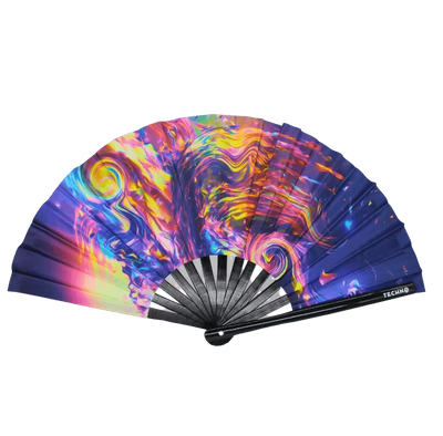 Cosmic Blast UV XXL Rave-Fächer mit bunt wirbelndem Galaxie-Motiv, aufgeklappt