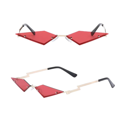 Diamantzauber Rave-Brille mit roten Rautengläsern, Vorder- und Seitenansicht