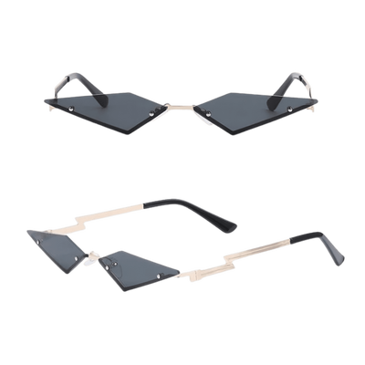 Diamantzauber Rave-Brille mit schwarzen Rautengläsern, Vorder- und Seitenansicht