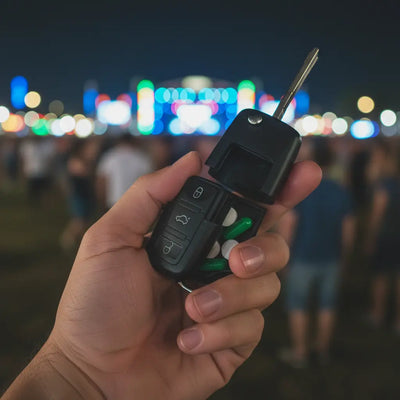 Geheimfachschlüssel in der Hand vor Festival-Lichtern