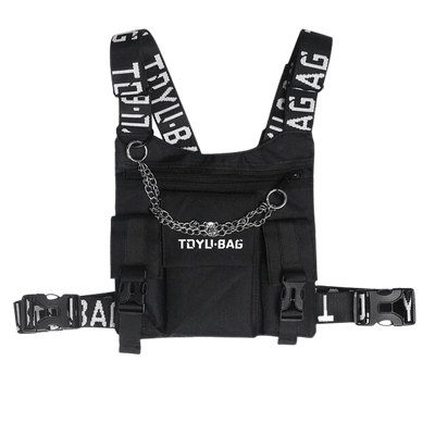 Schwarze Groove Guard Brusttasche mit bedruckten Gurten und Zierkette, Vorderansicht