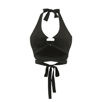 Schwarzes Heart Top mit Herz-Ring und langen Bändern, Vorderansicht