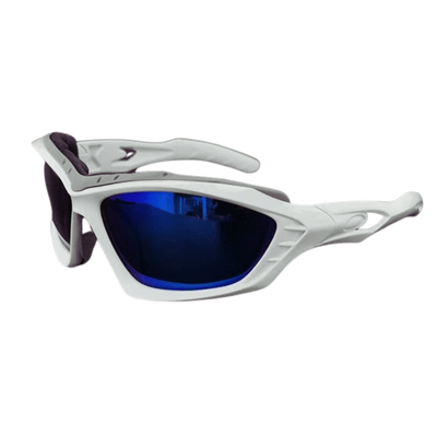 Hochenergetische Raver-Brille Weiß mit blau verspiegelten Gläsern, Schrägansicht