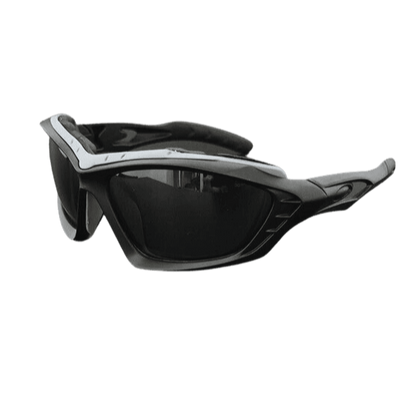 Hochenergetische Raver-Brille Schwarz mit dunklen Gläsern, Schrägansicht