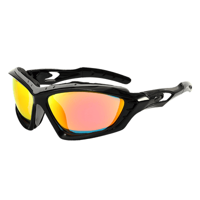 Hochenergetische Raver-Brille Orange: schwarzer Rahmen mit orange verspiegelten Gläsern, Schrägansicht