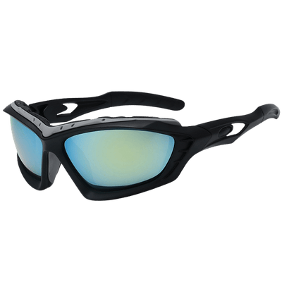 Hochenergetische Raver-Brille Blau: schwarzer Rahmen mit blau verspiegelten Gläsern, Schrägansicht