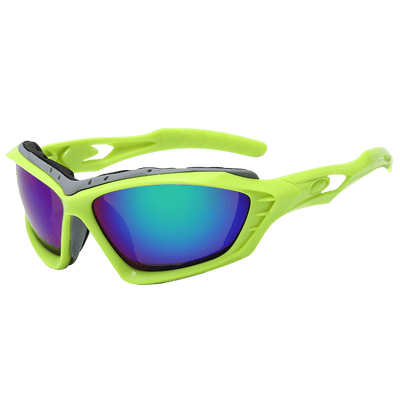 Hochenergetische Raver-Brille Grün mit neongrünem Rahmen und verspiegelten Gläsern, Schrägansicht
