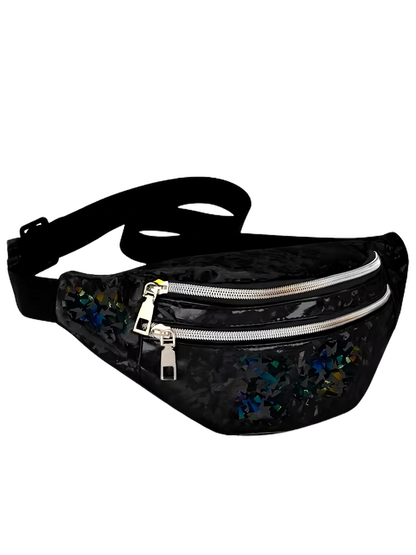 Holographic Techno Bauchtasche – Schwarze Gürteltasche mit Glitzer-Effekt