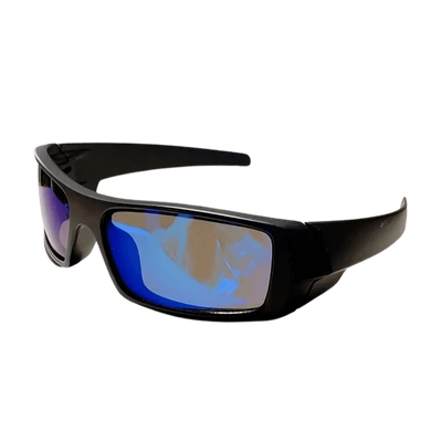Massive Rave Brille Schwarz/Blau mit blau verspiegelten Gläsern, Schrägansicht
