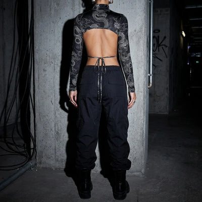 Rückansicht Dragon Night Backless Longsleeve, offen, Drachenmuster, Festival, Techno-Mode