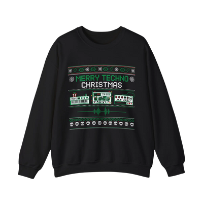 Schwarzer Merry Techno Christmas Sweater mit grün-weißem Drum-Machine-Print, Vorderansicht