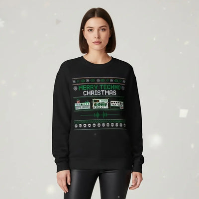 Schwarzer Merry Techno Christmas Sweater am weiblichen Model, Vorderansicht
